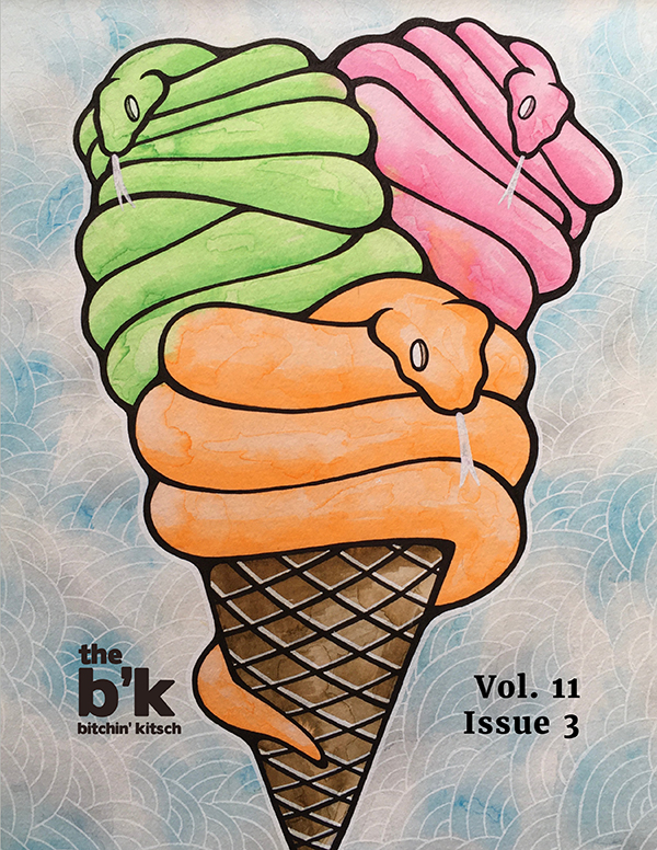 The B'K Volume 11, Issue 3 cover featuring an ink and watercolor on paper piece by Emily Rose Schanowski titled "Sherbet Snakes."