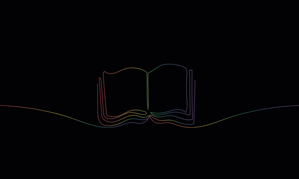 Black banner with a rainbow colored line drawing of an open book