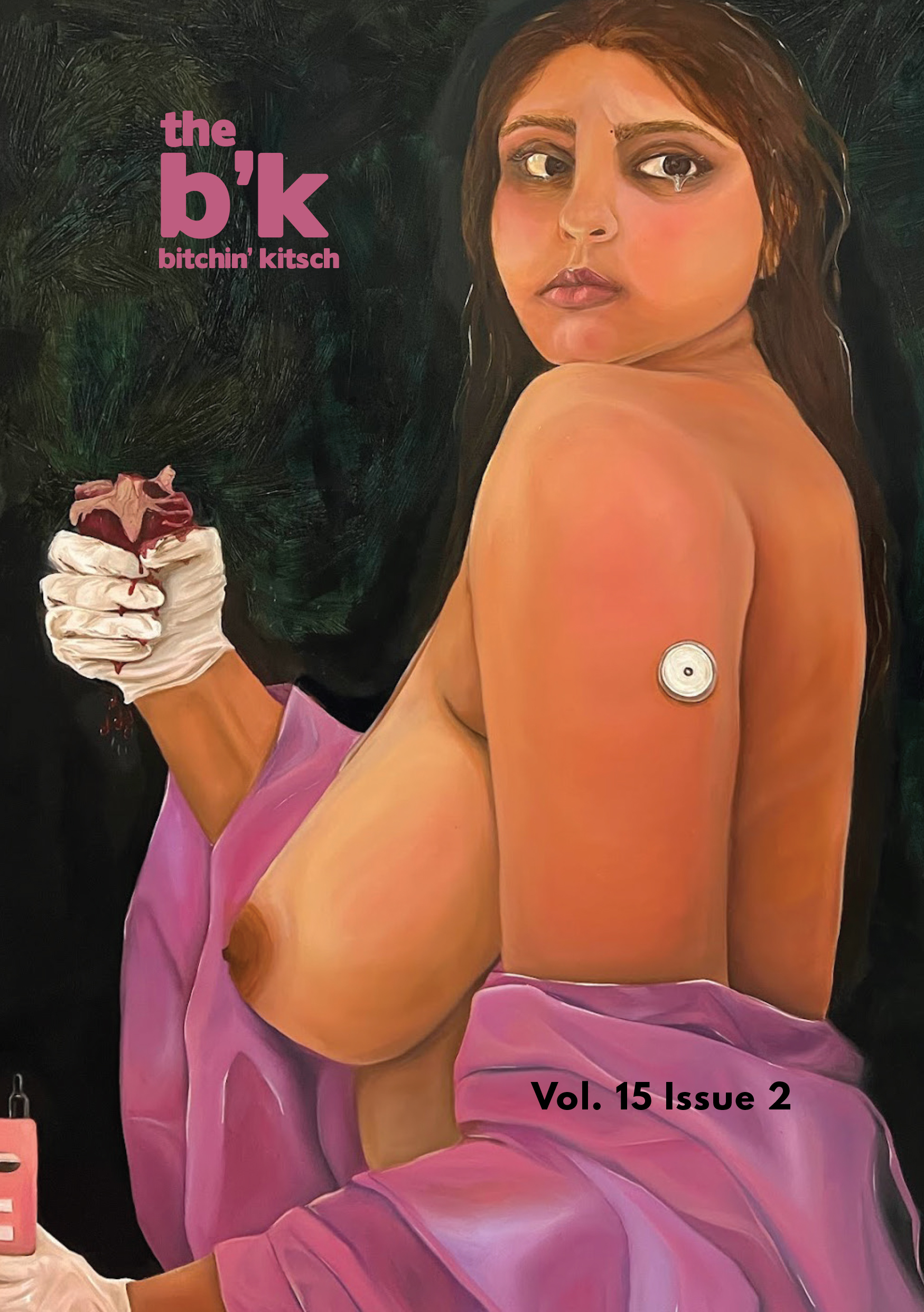 A painting of a nude brunette woman crying with a pink shawl wrapped around her. There's a glucose monitor on her arm. One hand holds her heart.